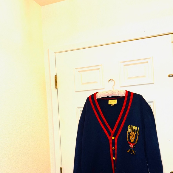 Vintage Authentic Gucci Alien Mascot Oversized Navy Blue Cardigan Mohair Cotton - Picture 3 of 12